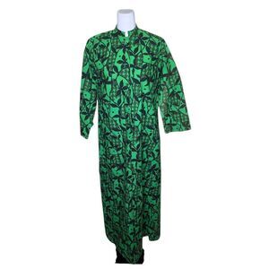Vintage 60s Long Sleeve Maxi Hostess Dress Womens Size L Green Black Barkcloth
